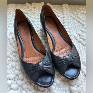 Geox Respira Black Leather Peep Toe Low Heels Wedges Size 39.5 / 9.5